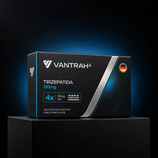 Embalagem preta VANTRAH4 Tirzepatida sobre pedestal preto fosco, com iluminação azul-ciano ao fundo